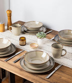 GBHOME Stoneware Dinnerware Sets for 4, 12 Pieces Rustic Ceramic Plates and Bowls Set, Handmade Reactive Glaze Plate Sets, Highly Chip Resistant Dishes, Microwave & Dishwasher Safe, Driftwood Taupe