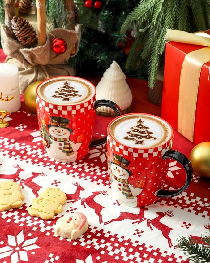 HASENSE Ceramic Coffee Mugs Set, 15oz Holiday Cups Set of 6, Holiday Cups with Handles for Hot Cocoa,Coffee,Idea Gifts for Women,Family,Friends, Red & Withe