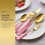 20-Piece Gold Silverware Set, 18/0 Stainless Steel Pink Handle Flatware Set, Service for 4, Modern Cutlery Set Includes Dinner Knives Forks Spoons, Mirror Polished, Dishwasher Safe