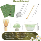 Matcha Whisk Set | Japanese Matcha Kit with Daisy Ceramic Bowl, Mushroom Whisk Holder, Sifter, Bamboo Chasen Whisk & Scoop | Mothers Day, Fathers Day, Housewarming Gift, Green