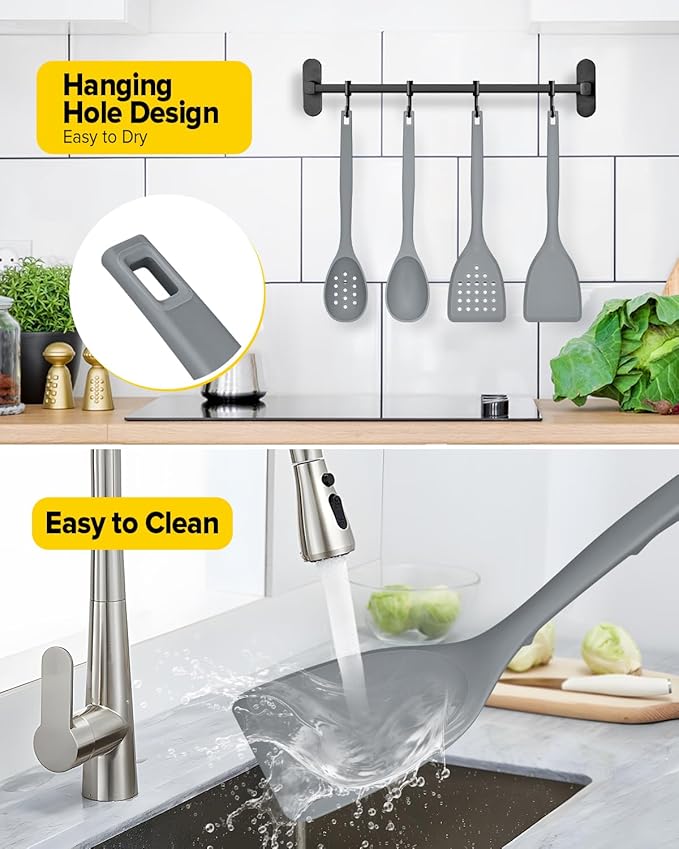 Pack of 4 Silicone Cooking Utensils Set, Non Stick Solid Spatulas and Heat Resistant Slotted Spoons with Back Hooks, Ideal BPA Free Kitchen Utensils Set for Frying,Serving,Turning,Stirring (GRAY)