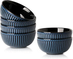 Hasense Porcelain Cereal Bowls Set 24 Oz - 6 Inch Soup Bowl Set of 6 for Kitchen,Modern Ribbed Ceramic Dishes for Entertaining,Soup,Oatmeal,Pasta,Cereal,Noodle - Dishwasher & Microwave Safe, Blue