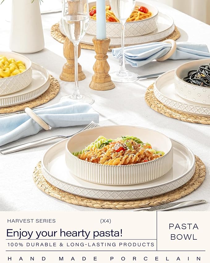 getstar 7.5" Ceramic Pasta Bowls Set of 4, Deep Stoneware Salad Plates Pasta Plates Shallow Bowls for Serving Soup Dinner, Microwave & Dishwasher Safe, Textured Stripes & Speckled White