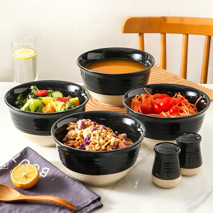 HASENSE Ceramic Soup Bowls, 40 oz Large Salad Cereal Bowls Set of 4, Stackable Serving Bowls for Kitchen, Bowls for Pasta Ramen Noodle Pho, Dishwasher Microwave Safe, Gloss Black & Matte White