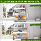 Over The Sink Dish Drainer Drying Rack 3 Tier, Full Stainless Steel Dish Drying Rack Adjustable Length 20.9''-37.4'' , Kitchen Sink Shelf, Organized Space-Saving Dish Rack with Pots and Pans Rack