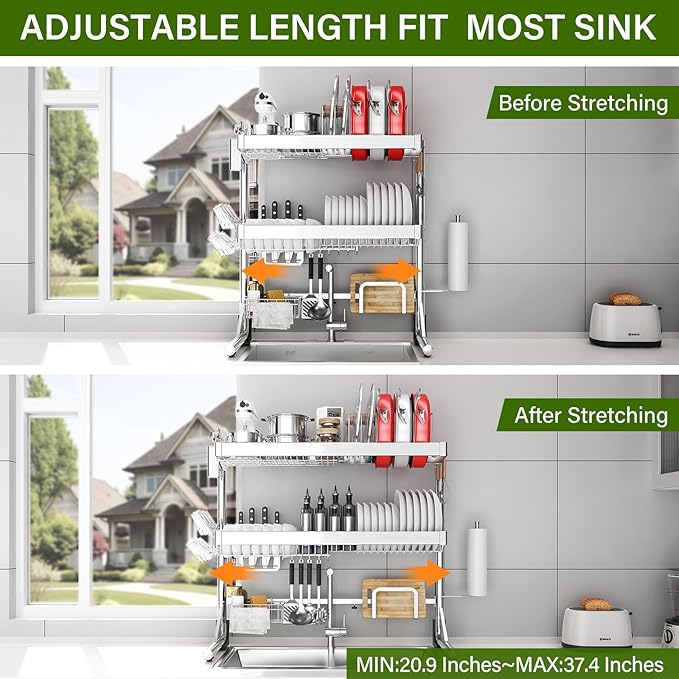 Over The Sink Dish Drainer Drying Rack 3 Tier, Full Stainless Steel Dish Drying Rack Adjustable Length 20.9''-37.4'' , Kitchen Sink Shelf, Organized Space-Saving Dish Rack with Pots and Pans Rack