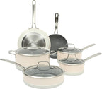 Sur La Table Kitchen Essentials Viva La Cantina 10 Piece PFA Free Titanium Ceramic Nonstick Interior Forged Aluminum Cookware Pots and Pans Set - 2 Tone White & Silver - Induction Compatible