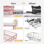 SNTD Dish Drying Rack - Extendable Dish Rack, Large Sink Drying Dish Drainer for Kitchen Counter, Stainless Steel Dish Strainer with Utensil Holder (Pink)