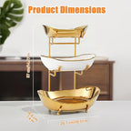 Ceramic Fruit Bowl for Kitchen Counter - 3 Tier Fruit Basket with Metal Stand, Tiered Fruit Stand for Countertop, Snack, Nuts, Cake, Dessert, Small & Cute (Gold & White,Small)