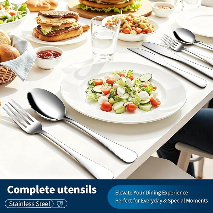 GPY 24-Piece Silverware Set with Steak Knives, Nickel Free 18/0 Stainless Steel Flatware Set Service for 4, Heavy Duty Eating Utensils with Mirror Polish, Dishwasher Safe for Home Kitchen & Restaurant