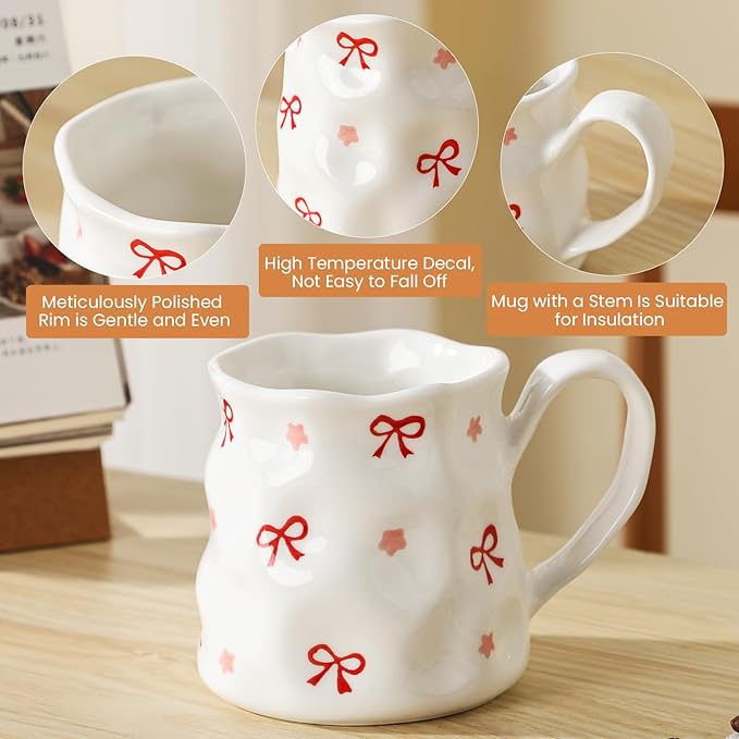 Ceramic Cute Coffee Mug,14 oz Pretty Mug,Unique Coffee Mug (Bows).Ceramic Mug For Women,Hand-Painted Coffee Cup