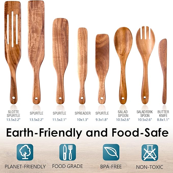 Wooden Spatula Spurtle Set for Cooking, Acacia Wood Kitchen Utensils, Premium Handmade Spurtles for Nonstick Cookware, Heat Resistant, Smooth Finish, Comfortable Grip, 8 Piece
