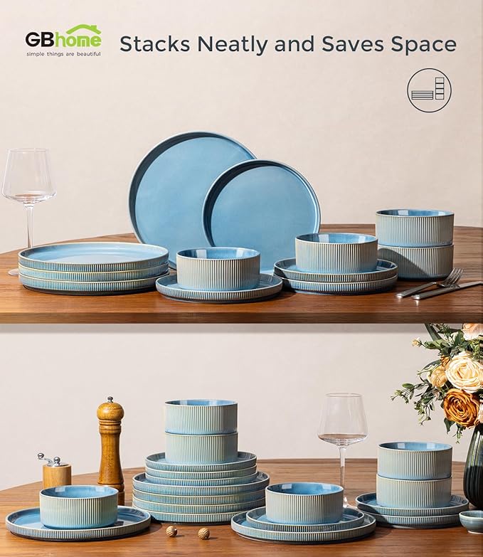 GBHOME 12-Piece Stoneware Dinnerware Set for 4 – Ribbed Ceramic Plates and Bowls, Scratch-Resistant, Microwave & Dishwasher Safe, Reactive Glaze, Alaskan Blue