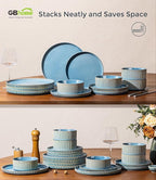 GBHOME 12-Piece Stoneware Dinnerware Set for 4 – Ribbed Ceramic Plates and Bowls, Scratch-Resistant, Microwave & Dishwasher Safe, Reactive Glaze, Alaskan Blue