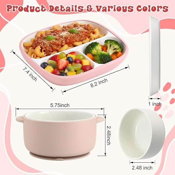 Domensi 4 Pcs Square Porcelain Kid Plate and Bowl Set with Suction, 2 Ceramic Toddler Divided Plate 2 Baby Anti Slip Silicone Sleeve Bowl for Feeding Supplies Microwave Dishwasher Safe (Pink, Beige)