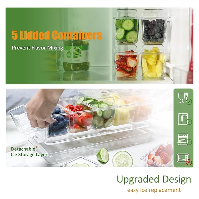 IVYHOME Chilled Condiment Server, Taco Bar Serving Set, Versatile Ice Containers, with 5 Lidded Containers and Detachable Ice Storage Layer, 2 Hanging Cups for Storing Tong and Forks