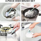 Dish Brush with Handle, Kitchen Dish Scrub Brush Set, 4-Piece Kitchen Cleaning Brush Set for Pots and Bottles, Nordic Green