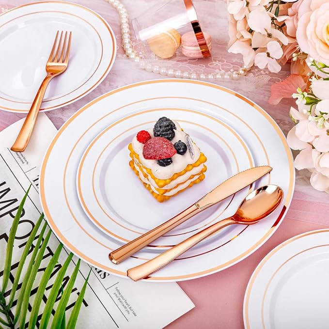 DaYammi 210PCS Rose Gold Plastic Dinnerware Set for 30 Guests, Mother's Day Plates for Party, Include: 30 Dinner Plates, 30 Dessert Platos, 30 Pre Rolled Napkins with Rose Gold Silverware, 30 Cups