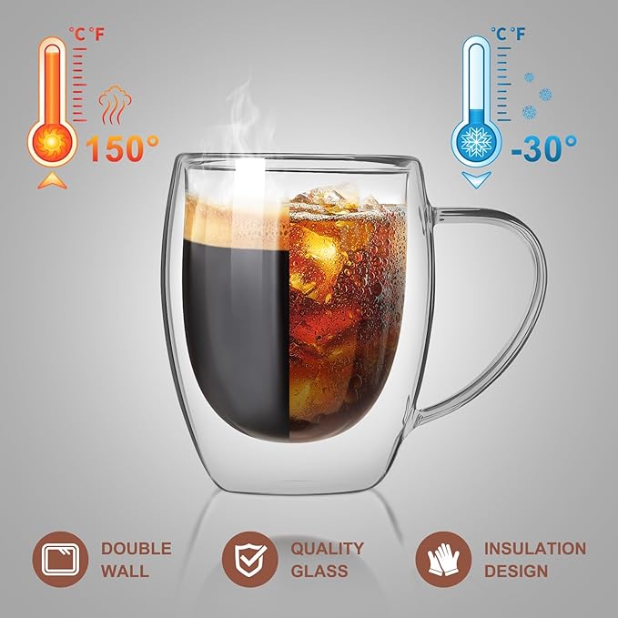 FrutPunch Double Walled Glass Coffee Mugs, Glass Coffee Mugs Set Of 4, Glass Coffee Cups with Handles, 12OZ, Suitable for Cappuccino, Latte, Espresso, Hot Drinks, Cold Drinks