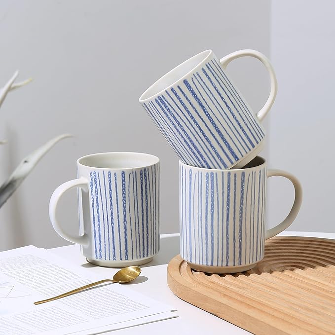 Ceramic Mugs Set of 6, Modern 17oz Coffee Mugs, Stackable Coffee Cups with Handpainted Blue Stripe Pattern, Dishwasher and Microwave Safe Mugs for Home & Office