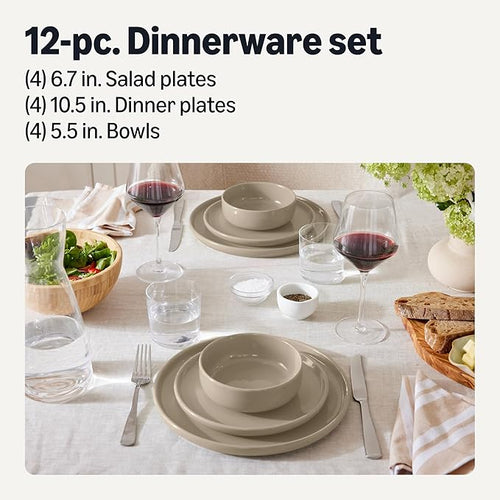 Amazon Basics Glazed Stoneware Dinnerware, 12-Piece Set, 4 Full Place Settings, Dishwasher-Safe, Microwave-Safe, Linen Gray