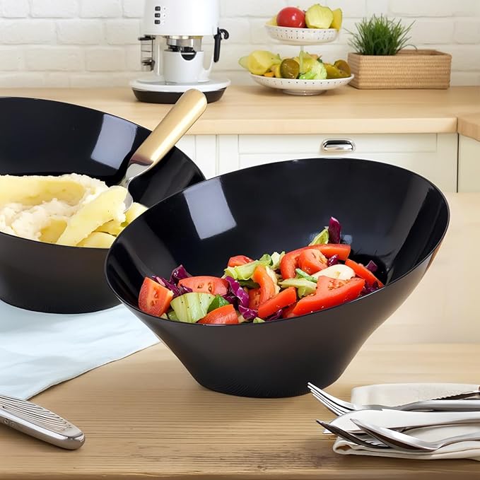 bUCLA 12 Pack Black Plastic Serving Bowls - 54 OZ Angled Bowls Disposable for Chip&Candy - Party Table Salad and Fruit for Party, Wedding & Graduation