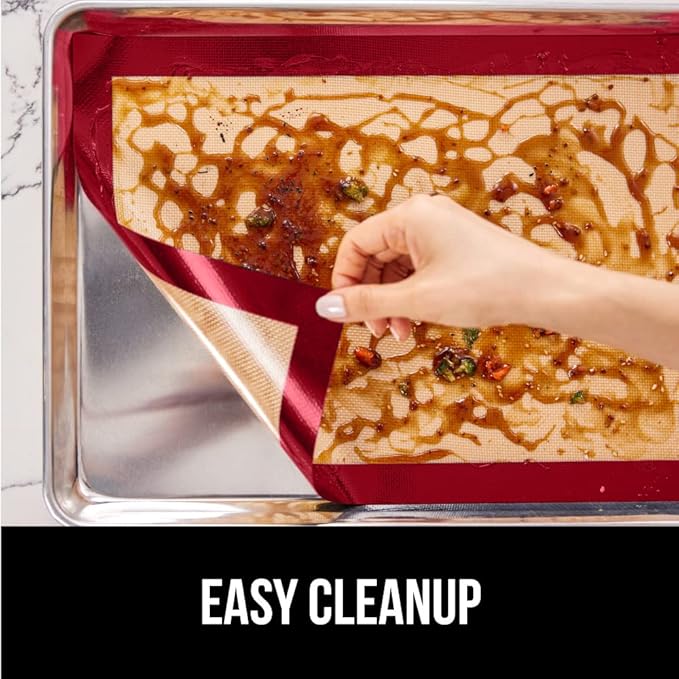 GORILLA GRIP Food Grade Reusable Nonstick Silicone Baking Mat, 16.5x11.87, Half Sheet 2PK, Oven Safe Cookie Sheet Liners, Up to 500 Degrees, No Mess Easy Clean Pastry Mats, Kitchen Essentials, Red