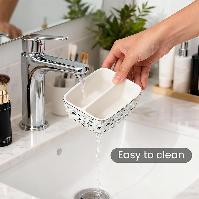 2 Compartments Ceramic Sponge Holder for Kitchen Sink, Cute Floral Countertop Dish Sponges Holder Soap Sink Organizer Farmhouse Caddy (Blue Terrazzo)
