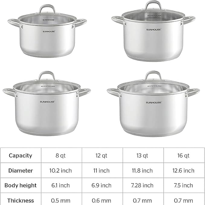 SUNHOUSE Stainless Steel Stock Pot - 12 Quart Heavy-Duty Induction Cooking Pot with Visible Lid for Pasta, Soup, Spaghetti - Nonstick Thick-Bottom Deep Stockpot for Canning, Boiling, and Simmering