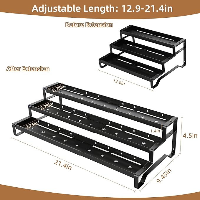 Expandable Spice Rack Organizer for Cabinet 3 Tiered Metal Seasoning Organization with Guardrails Spice Shelf Storage for Jars Adjustable Length 13"-21" Black 1Pack