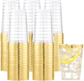 I00000 100PCS Gold Plastic Cups,10 oz Clear Plastic Cups with Gold Trim, Beer Mugs，Disposable Hard Cup For Party, Premium Cup Perfect for Wedding & Party