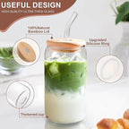 DWTS DANWEITESI Iced Coffee Cups with Lids 2 pcs,16 oz Glass Cups with Lids and Straws as Coffee Bar Accessories,Beer Drinking Glasses,Reusable Glass Tumbler,Cute Coffee Cups for Coffee, Juice, Gifts