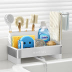 Nacial Sponge Holder for Kitchen Sink, Sink Caddy Organizer with High Brush Holder & Two Towel Racks - Rustproof 304 Stainless Steel Kitchen Countertop Storage Essentials - White
