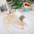 DaYammi 350PCS Clear Gold Plastic Dinnerware Set for 50 Guests Gold Plates Disposable Include: 50 Dinner Plates, 50 Dessert Plates,50 Pre Rolled Napkins with Gold Silverware,50 Cups for Party Wedding