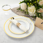 N9R 350PCS Gold Plastic Dinnerware Set for 50 Guests, Include: 50 Dinner Plates, 50 Dessert Plates, 50 Pre Rolled Napkins with Silverware and 50 Cups, White and Gold Disposable Plates for Party