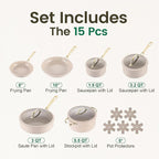 Chef Power Ceramic Cookware Sets, 15Pcs Pots and Pans Set Non Stick, Cookware Set with Stainless Steel Handle, Dishwasher & Oven Safe, Taupe and Light Gold Handle