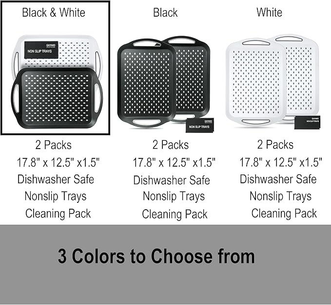 Large Anti-Slip Serving Tray with Handles, Dual Rubber Grippy Lap Food Trays for Eating, Dinning, Breakfast, on Couch/TV, Black & White - Set of 2