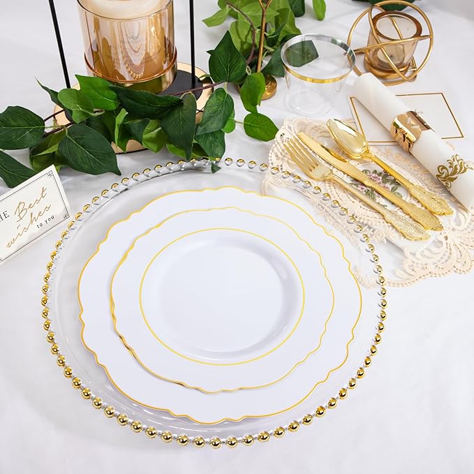 WDF Partyware 350 Pieces Gold Disposable Plates for 50 Guests, Plastic Plates for Party, Dinnerware Set of 50 Dinner Plates, 50 Salad Plate, 50 Spoons, 50 Forks, 50 Knives, 50 Cups for Mother's Day