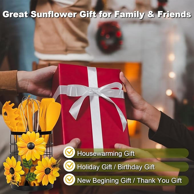 Sunflower Utensil Caddy with Silicone Cooking Utensils Set 6PCS, Canister Holder Sunflower Kitchen Decor and Accessories Theme Set Counter Yellow Kitchen Decor Country Crock Organizer Gifts for Women