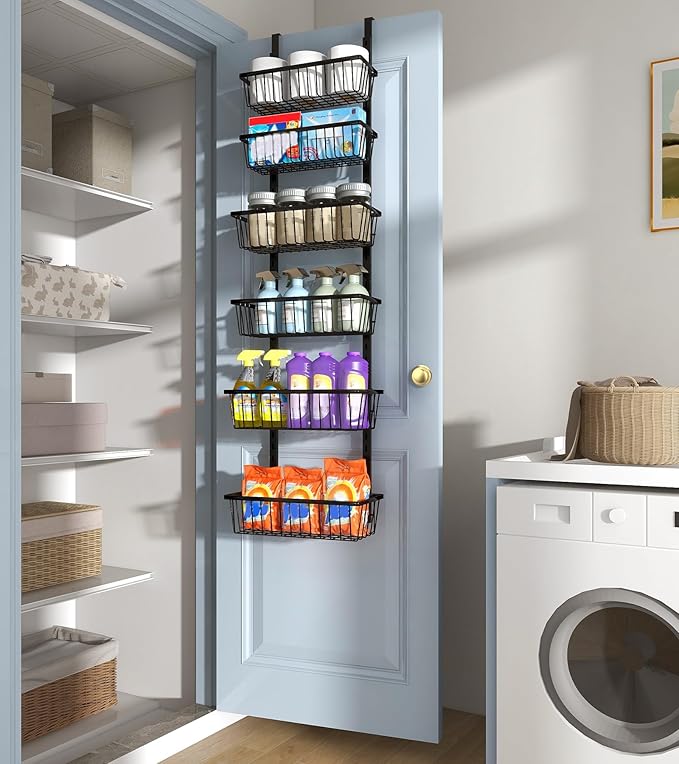 12 Inch Wide Narrow Over The Door Pantry Organizer, Pantry Organization and Storage, Black Metal Hanging Deep Basket Wall Spice Rack Seasoning Shelves, Home & Kitchen Essentials, Apartment