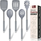 5Pcs Silicone Cooking Utensils Set, Heat Resistant Kitchen Tools Include Solid&Slotted Spatula, Cooking Spoon and Pasta Server, Silicone Kitchen Utensils set for Nonstick Cookware Flipping, Gray