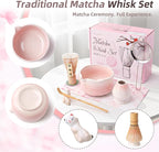 7-Piece Pink Matcha Set, 18oz Gradient Pink Sakura Matcha Bowl with Spout, Bamboo Whisk and Holder, Matcha Kit, Cute Macha Gift Set for Women & Matcha Lovers Starters, Mother's Day Gift