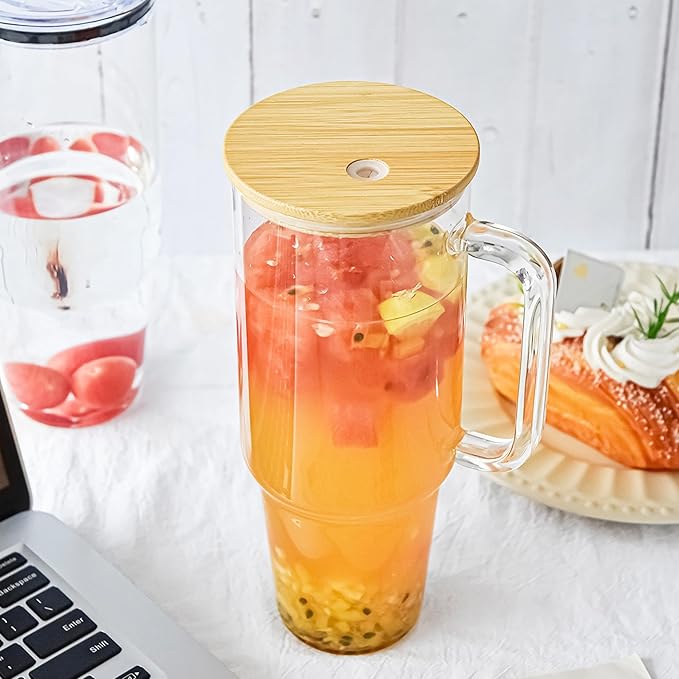 Glass Cups with Lids and Straws 40 oz Glass Tumbler with Straw and Lid 2 Pack Glass Tumbler with Handle Wide Mouth Iced Coffee Cups for Smoothies, Soda, Tea, with Bamboo Lids