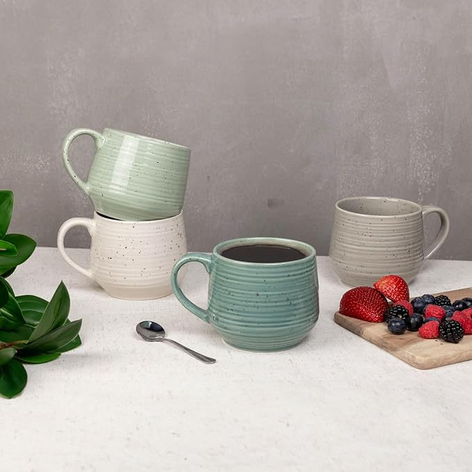 Sango Siterra Artist's Blend 17 oz. Stoneware Mug Set- Service for 4, Rustic Design, Green/White/Beige, Scratch-Resistant, Microwave & Dishwasher Safe, for Everyday Dining & Entertainment