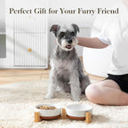 MALACASA Ceramic Dog Bowls Small Size Dog with Wood Stand, 1.5-Cup Ceramic Puppy Bowls for Cats & Small Dogs, Dual Food and Water Bowls with Weighted Non-Slip Base, Glaze Matte,14 Oz