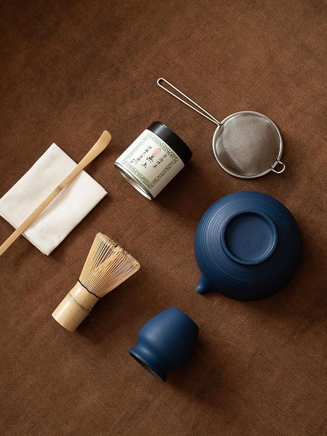 6-pcs Japanese Matcha Whisk Set, Handmade Ceramic Matcha Set with Bowl(Chawan),Bamboo Whisk(Chasen) and Holder, Scoop, Sifter & Tea Towel,Matcha Kit for Ceremony (Cobalt Blue)