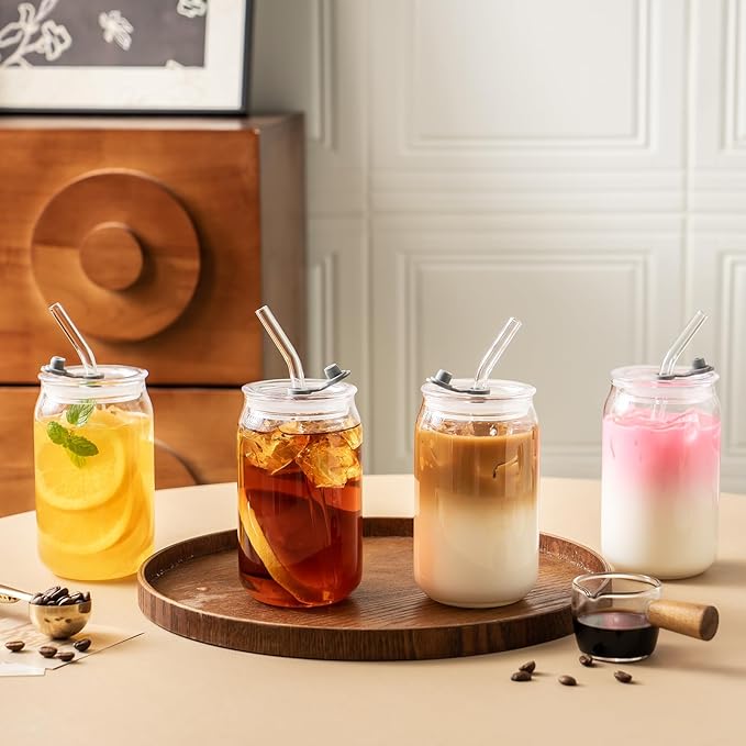 Leakproof Glass Cups with Plastic Lids and Straws, 16oz Iced Coffee Cup, Drinking Glasses Tumbler for Water, Boba Tea, Smoothie - 20pcs