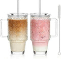 Kemorela 24oz Ribbed Glass Cups with Lids and Straws,Glass Tumbler with Handle,2 set–Reusable Glass Ice Coffee Cups with Lid and Straw for Smoothies,Tea,Juice,Boba Cup for Cold & Hot Drinks,Travel Cup