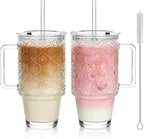 Kemorela 24oz Ribbed Glass Cups with Lids and Straws,Glass Tumbler with Handle,2 set–Reusable Glass Ice Coffee Cups with Lid and Straw for Smoothies,Tea,Juice,Boba Cup for Cold & Hot Drinks,Travel Cup