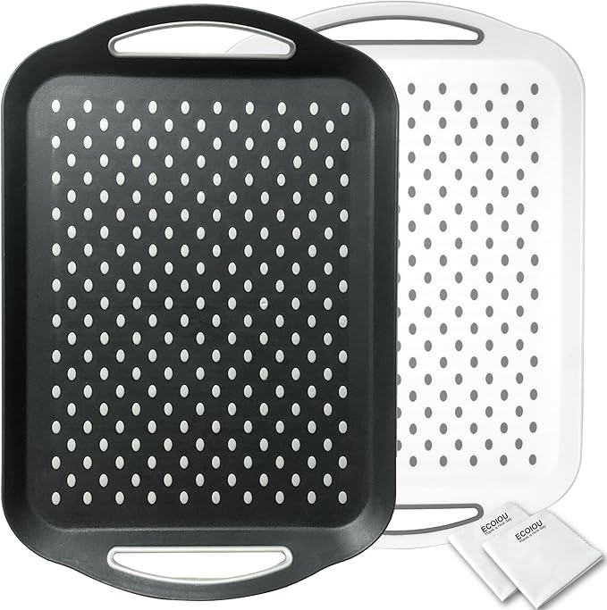 ECOIOU Larger Nonslip Food Serving Tray, 17.9'' x 12'' Grippy Handles Surface Bottom Design, Perfect Trays for Eating, Lap, TV, Couch, Black & White, Set of 2